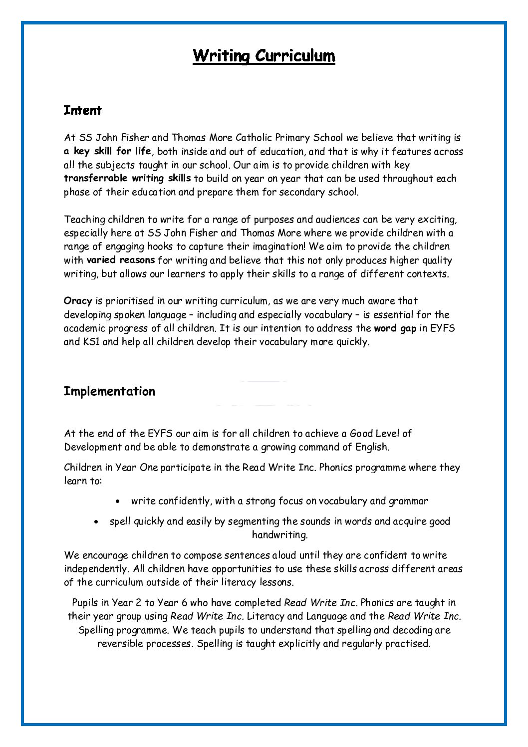 Writing Curriculum Statement - For review - Ss John Fisher & Thomas More